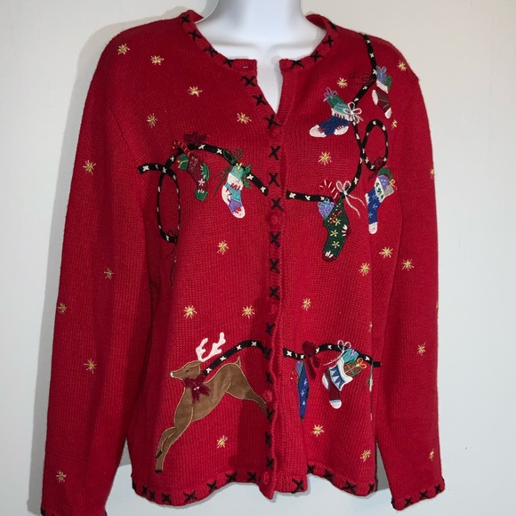 Festive Red Button Down Christmas Sweater Sz Petite Large - Picture 5 of 6